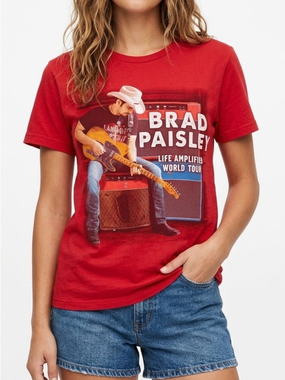 Official Brad Paisley Life Amplified World Tour Tee Red S Western-Inspired